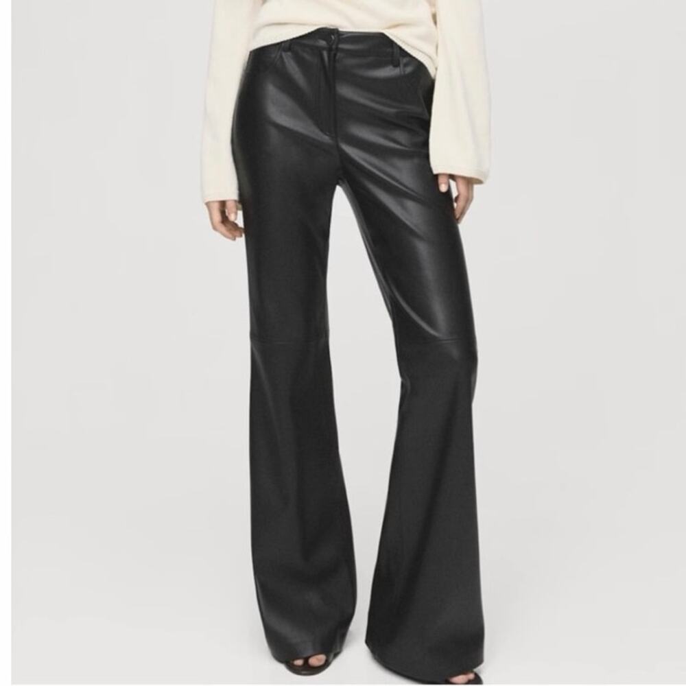Mango Connie Flared Faux Leather Pants 2 Black High Waist Flare NWT MNG